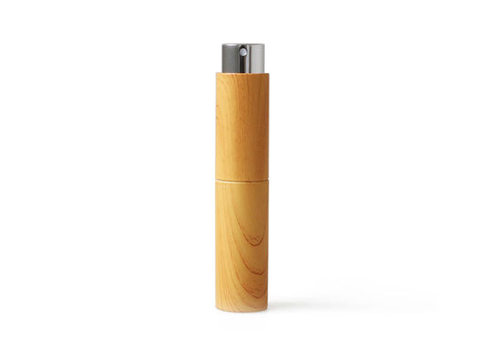 Wooden small Twist And Spritz Atomiserbottle inner glass vial with top aluminum Sprayer